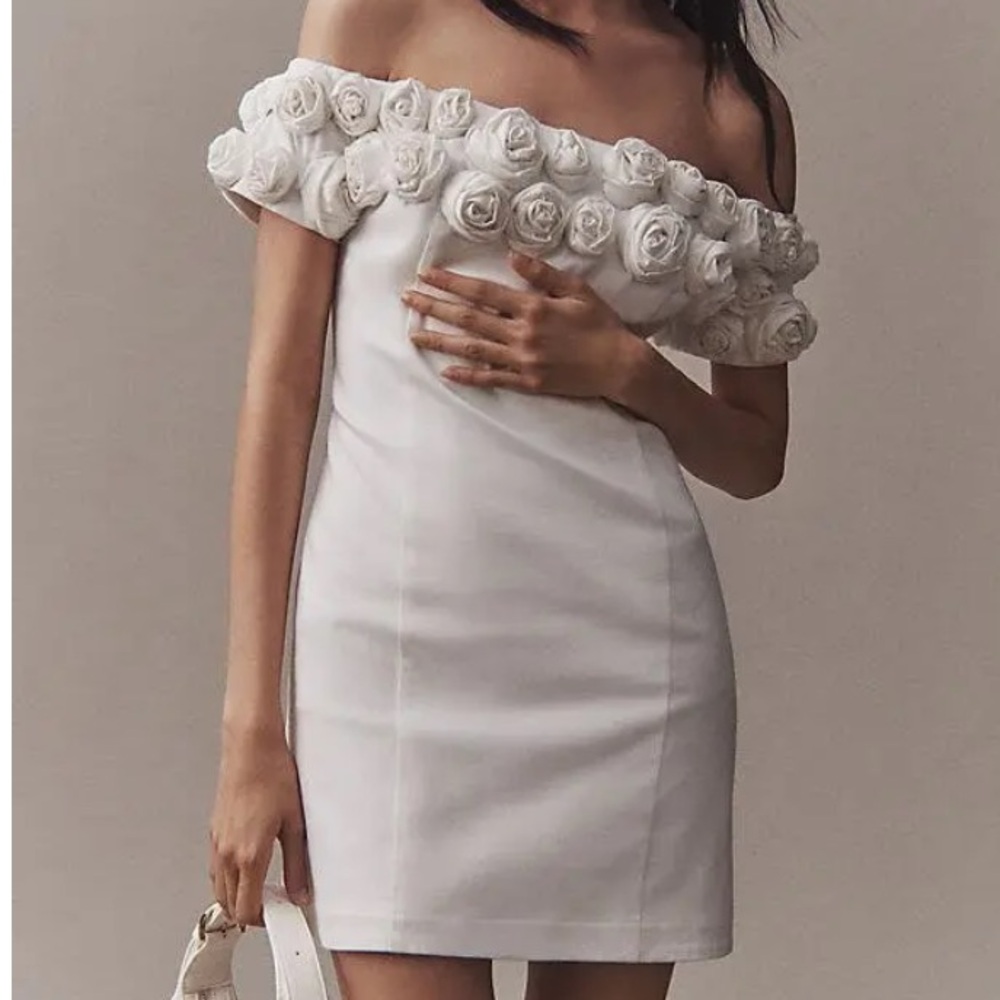 BHLDN Off-The-Shoulder Rosette Mini Dress - White Bridal Bride Engagement